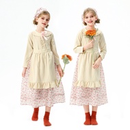 Girls Pioneer Costume Dress Set Kids Beige Floral Apron Bonnet Prairie Historical Party Performance