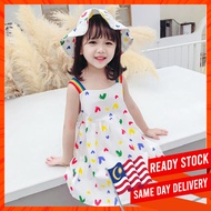 [OVV] Age 2-7 Girls Dress With Hat White Rainbow Stripes Dress / Dress Kanak-Kanak Belang Dress Puti