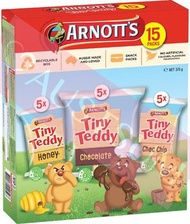 Arnott's Tiny Teddy小熊餅乾混盒裝 375g (15包) - 蜂蜜 x 5包、朱古力 x 5包、朱古力碎 x 5包(02959)(澳洲平行進口貨)此日期前最佳: 2026年6月30日