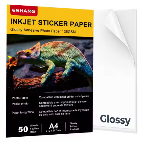 ESHANG Self-Adhesive Photo Paper, A4 Glossy Sticker Paper for Inkjet Printer, 8.3 x 11.7 Inch, 50 Sh