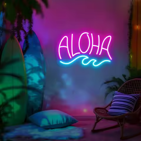Aloha Neon Sign Aloha with Wave LED Light Tropical Wall Decor Summer Beach Neon Sign