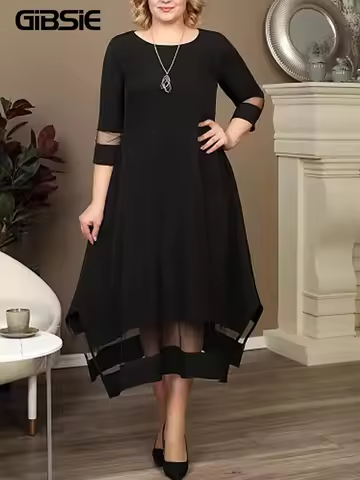 GIBSIE Plus Size Black Contrast Mesh Splicing Long Dress Women Summer O-Neck 3/4 Sleeve Elastic Knit