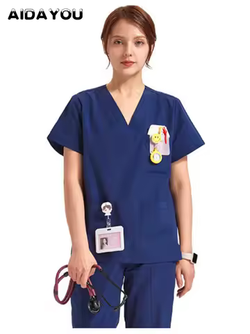 Medical Uniform Scrubs Set Cotton 8 Pocket V-Neck Top with Drawstring Pants Nursing Dental Working C