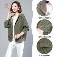 fulaide- Autumn Jacket Women Hooded Jacket Women’s Fall Spring Corduroy Jacket with Hood Patch Pocke