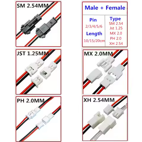 JST 1.25 Male Female Wire Connector PH2.0/MX2.0/SM2.54/XH2.54 Pitch 1.25/2.0/2.54mm 2P 3P 4P 5P 6P J