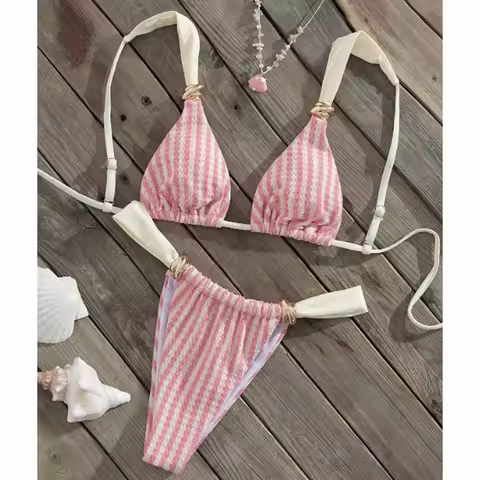 Striped Bathing Suit Women Split Swimsuit Fashion Lace Up Vacation Beachwear Bikini Swimwear Chic Th