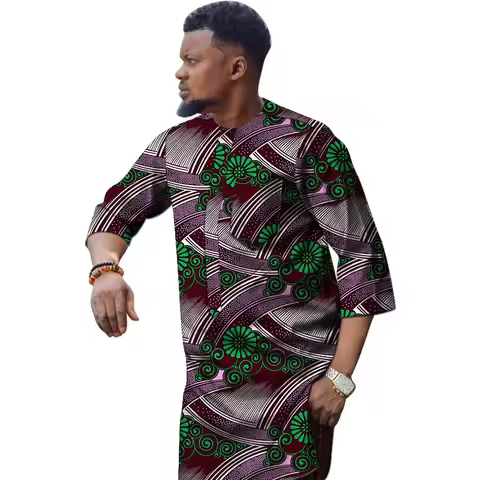3/4 Sleeve Men's Shirts Original Design O-neck Tops African Couture Party Wear Groom Outfit Dashiki 