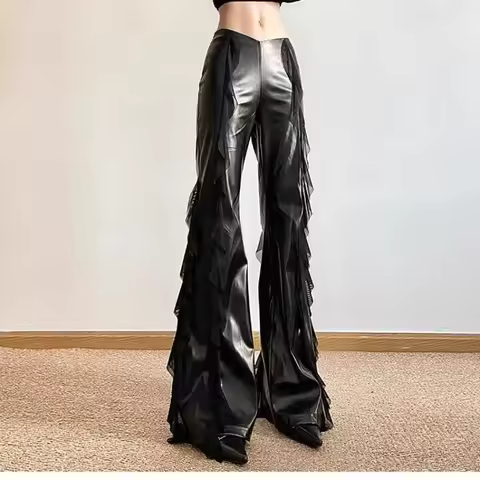 Women Streetwear Mesh Ruffle Patch High Waist Slim Flare Leather Pants S-XXL