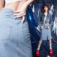 loveruby.store - กระโปรงยาว ผ่าหน้า สี ยีนส์อ่อน รุ่น A-Line light blue skirt