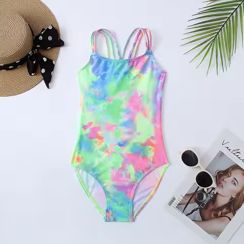 Big Kids Girls Quick Dry One Piece Swimsuit New Arrival Tie Dye Printed One Piece Swimming Outfit