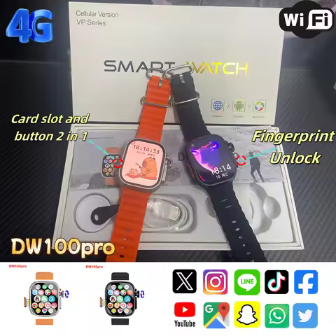 DW100pro Smartwatch Ultra Fingerprint Unlock Cellular 4G Android SIM Card 2.29''AMOLED 190° Rotating