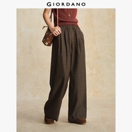 GIORDANO Women Pants Check Baggy Pants Elastic Waist Pleated Wide Leg Trendy Relaxed Casual Warm Pan