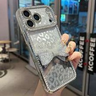 Bow-Knot 1pc Rhinestone Electroplated Silver Laser Engraved Bow Phone Case, Leopard Print Glitter/Se