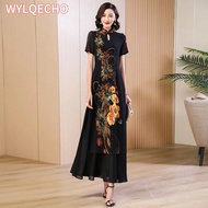 Woman Vintage Aodai Cheongsam Flower Print Vietnam Traditional Evening Dress