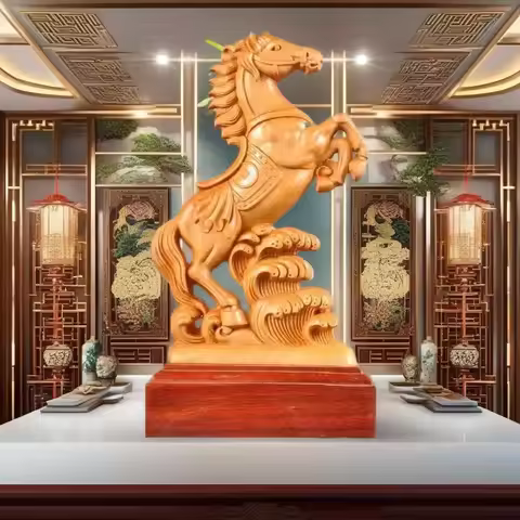 Natural Cypress Animal Horse Statue Traditional Hand Carving Of Solid Wood Home Room Office Decorati
