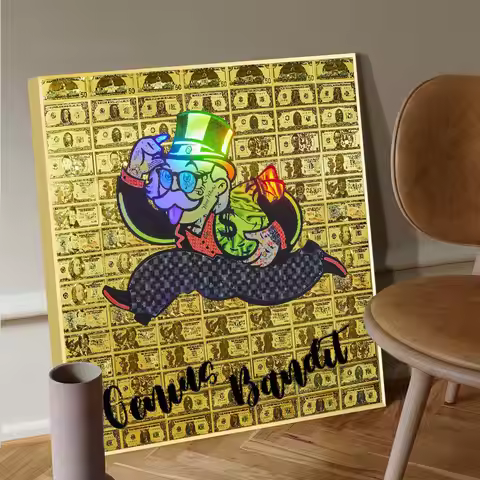 Trendy Cartoon Character Wall Decoration Painting Running Alec Monopoly Hold Dollars Bag Canvas Post
