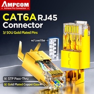 AMPCOM RJ45 Plug CAT6A Pass Through Shielded w/Load Bar 50/3U Gold Plated  Gold-Plated Copper Shell 