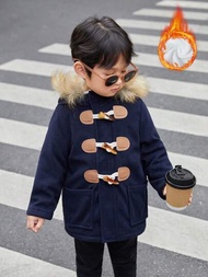 SHEIN 男小童休閒和舒服的連帽外套在簡約風和時尚風格帶柔軟的長毛絨織物,合適的適用於秋天和冬天天氣