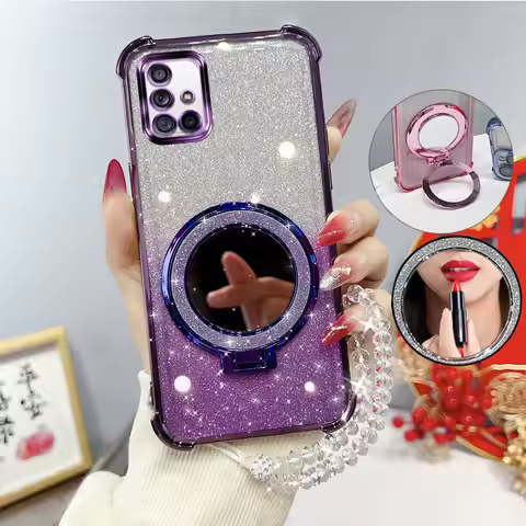 Glitter Four-Corner Shockproof Phone Case with Mirror Stand Beaded Strap For Samsung Galaxy A71 A 71