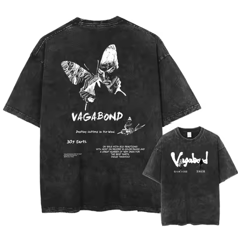 Anime Vagabond Miyamoto Musashi Cool Graphic Washed T Shirt Men Vintage Cotton T-shirts Harajuku Mal