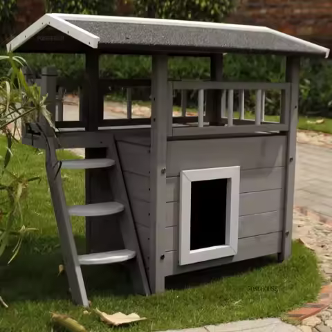 Modern Balcony Cat Cages Outdoor Cat House Outdoor Double-layered Solid Wood Rainproof and Sunproof 