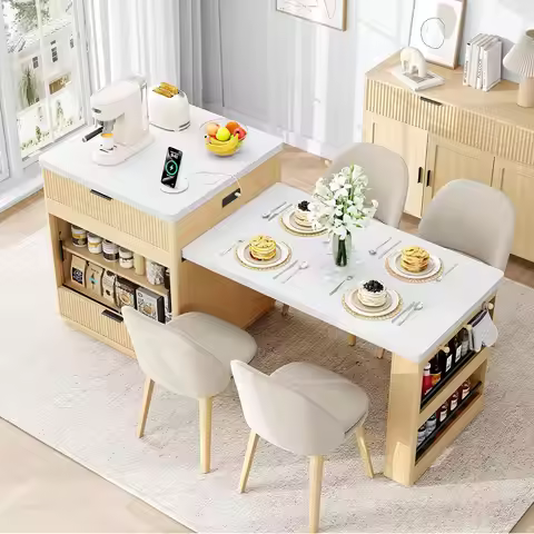78.7" Kitchen Island with Extendable Dining Table & Storage for 2-6, with Motion-Sensor LED Tempered
