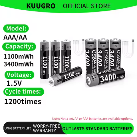 Batteries Rechargeable AA Kuugro Li-ion AAA and AA Rechargeable Batteries USB Lithium-ion 3400mWh 1.
