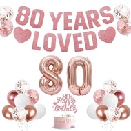 80th Birthday Decorations for Women – Rose Gold “80 Years Loved” Banner, Happy 80 Cake Topper, Large