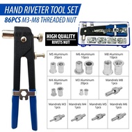 86pcs/Set Manual Threaded Nut Rivet Tool Hand Riveter Nut Rivet Kit Blind Rivet Gun Threaded Insert Hand Riveting Kit M3-M8 Rivet Nuts Nail Gun Household Repair Tools