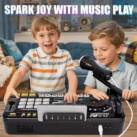 Kid DJ Mixer with Microphone Electronic Piano Keyboard Bluetooth DJ Turntable Controller Musical Ins