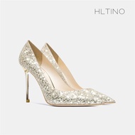HLTINO冬季金色亮片尖頭高跟鞋