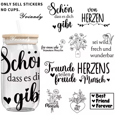 4Pieces/Set German Friendship Quotes Sticker16-ounce Cup UVDTF Transfer Sticker Scratch-resistant, H