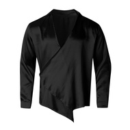 Men Shirt Satin Baggy Style Turn-down Collar Irregular Design Cross Closure Mid Length Party Nightcl