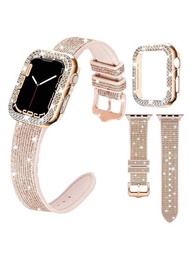 2入組蘋果手錶錶帶蘋果手錶表殼豪華珠寶水晶鑽石PC硬表殼，帶有玫瑰金邊緣，防止碰撞，搭配多彩舒適的粉色運動硅膠蘋果手錶錶帶，兼容蘋果智慧手錶Series Ultra2、1、Se、S9、8、7、6、5、4、3、2、1，時尚潮流女孩手錶智慧手錶38mm40mm41mm42mm44mm45mm49mm手帶