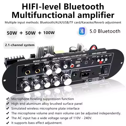 D800 Bluetooth 5.0 Digital Amplifier Board 2.1 Channel 50W*2 100W Large Power Output for Home and Ou