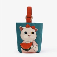 XIAHU แคนวาส กระเป๋าทรงถังแมวน่ารัก แบบพกพาได้ จุได้มาก กระเป๋าใส่อาหารกลางวัน ของใหม่ พิมพ์ลายการ์ตูน กระเป๋าทรงกระบอกทรงกระบอก