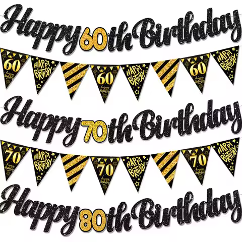 Black Gold Happy 21 30 40 50 60 70th 80th 90th Birthday Banner Garland Hanging for DIY Adult Party D