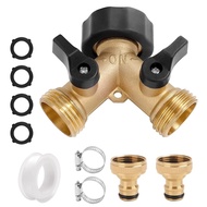 Garden Hose Splitter, 2 Way Hose Pipe Splitter, 3/4'' Brass Tap Y Valve Splitter Hose Connector, Outdoor Hose Tap Connector, with Individual On/Off and Two Quick Connector