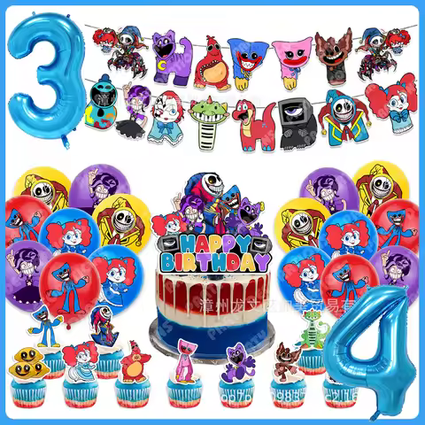 Cartoon Huggy Wuggy Birthday Decorations Party Supplies Smiling Critter Backdrop Balloons Banner Cak