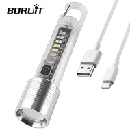 BORUiT Super Bright Transparent LED Flashlight Work Light with Hook Zoom Type-C Rechargeable Torch W