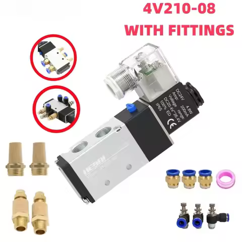 Pneumatic Solenoid Valve with Fittings 5 Way 2 Position Control Air Gas Magnetic 4V210-08 12V 24V 11