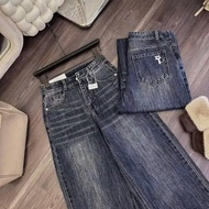 Quần bò jean nữ dáng lỡ ống suông chiều dài quần 95cm màu trơn đơn giản thêu mèo - Size SML