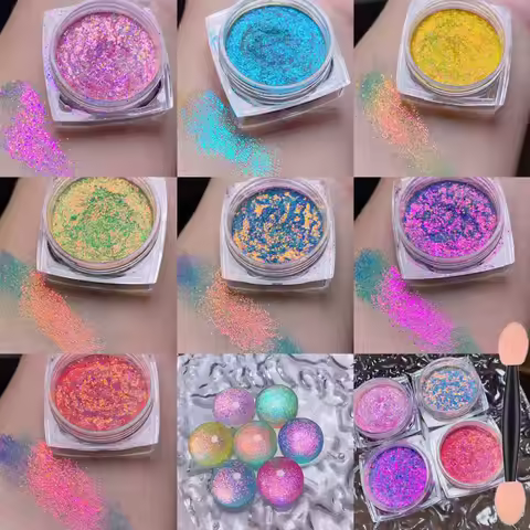 8-Colors Multi-Chameleon Brocade Nail Glitter Powder Net1-2g Chameleon& Aurora Holographic Rubbing P
