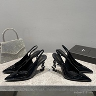 YSL High Heel Sandals - Black Patent Leather, Pointed Toe, Stiletto Heel, Logo Detail