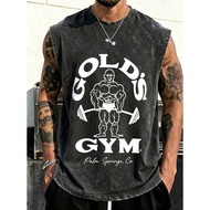 Muscle Barbell Printed Vintage Washed Vest, Rock Guy Print Fashionable Fitness Vest Oversized