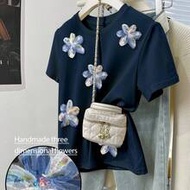 Handmade Flower Network Mesh 3D Three-Dimensional Flower Ornament Blue Women's T-Shirt
