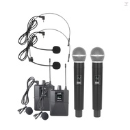 Wireless Microphone Professional UHF Wireless Mic System Handheld Dual Microphone with Receiver Wearable Transmitter Headworn and Lavalier Microphones for Meeting Party Church DJ W