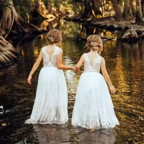 Girls White Lace Dress Deeling Gaunt Sweet Girl Flower Girl Elegant Bridesmaid Skirt 4-12 Years Old