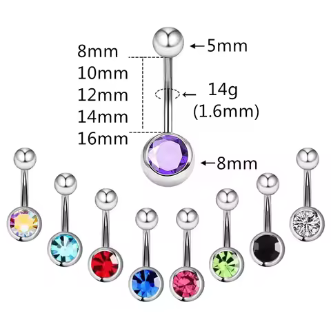 14g 1.6mm Crystal Belly Button Navel Ring Steel 5mm 8mm Ball 8mm - 16mm Bar Curved Barbell Piercing 