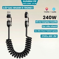 XO 240W Premium Type-C Fast Charging Cable, 4-in-1 Spring Fast Charging Cord Supports Carplay & Carl